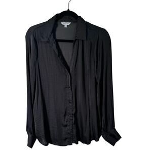 Naked Zebra Women's Black Long Sleeve V-Neck Silky Button Up Shirt Blouse Size L